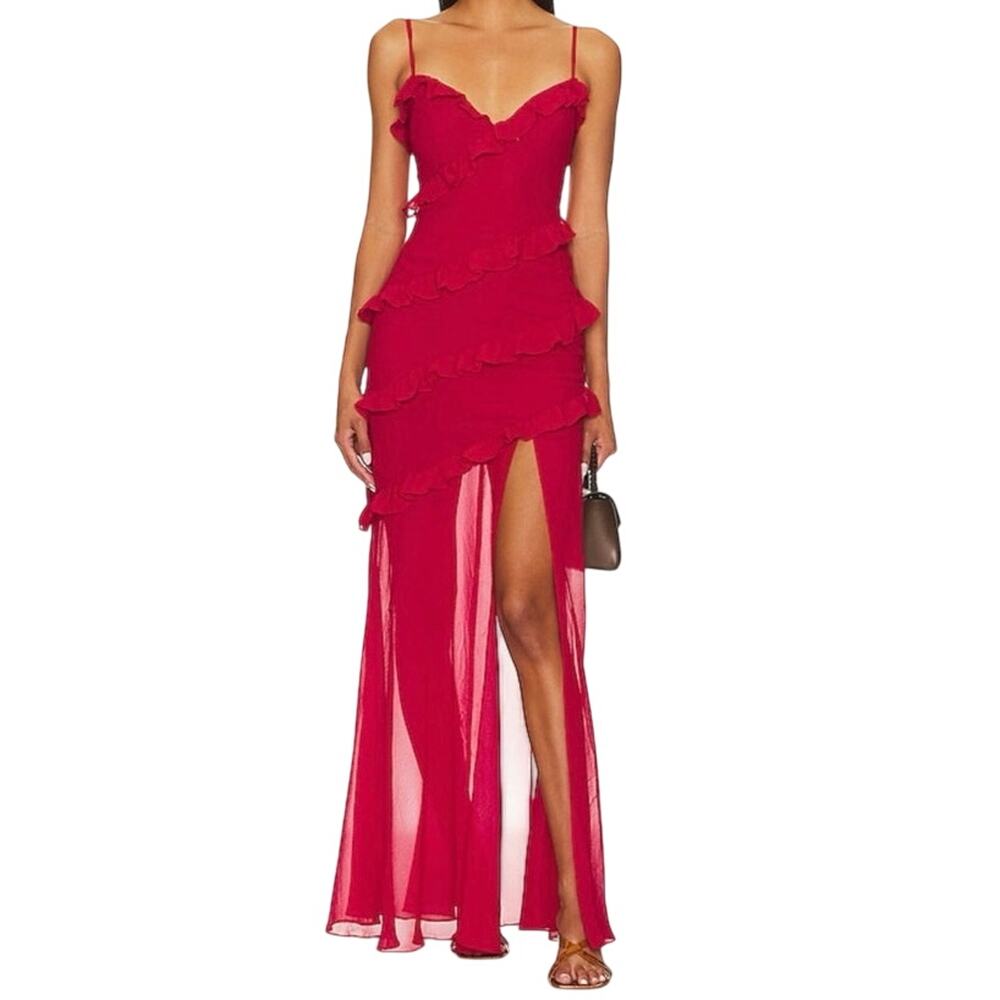 Lovers + Friends Karlie Gown in Red Ruffle Maxi Sheer Tiered Sexy Gown CA8